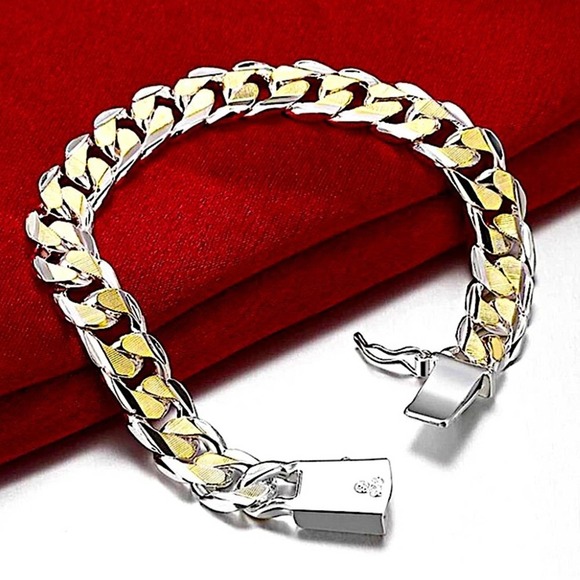 Cuban Chain Link Sterling Silver Gold Two Tone Silver Unisex Bracelet - Picture 1 of 5